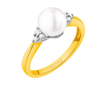 Yellow gold ring with brilliants and pearl - fineness 9 K