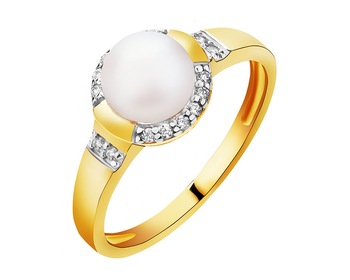 Złoty pierścionek z perłą i cyrkoniami
