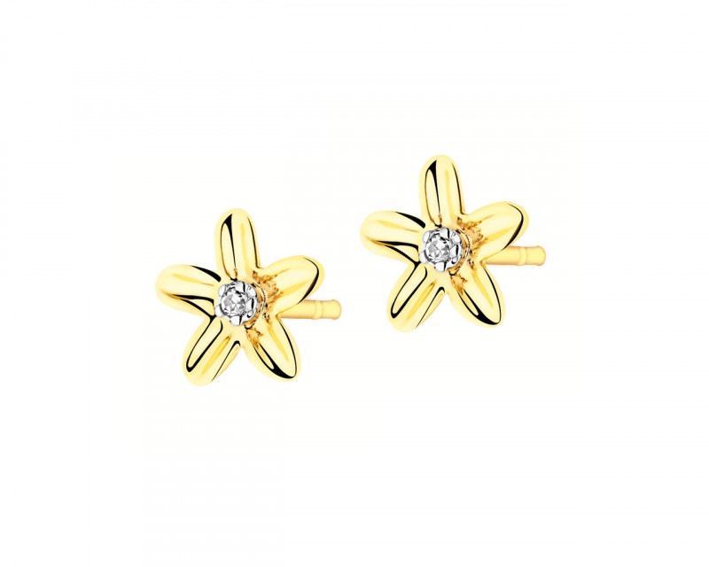 Kolczyki z żółtego złota z diamentami - kwiatki 0,008 ct - próba 585
