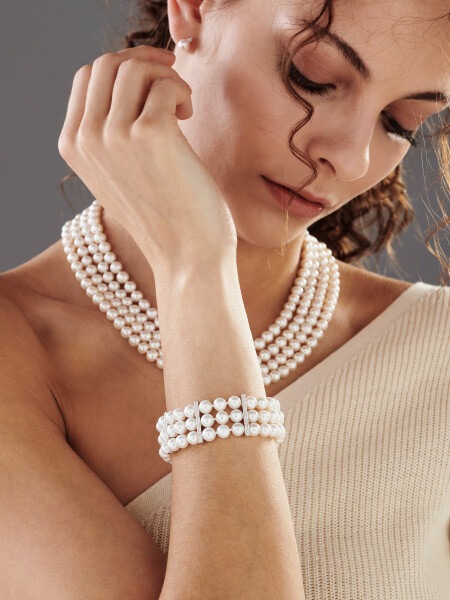 Bransoletka z perłami, brylantami i elementami białego złota - próba 585