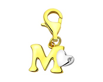 Zawieszka charms z żółtego złota z diamentem - litera M, serce 0,004 ct - próba 375