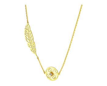 Yellow & White Gold Diamond Necklace - Feather 0,005 ct - fineness 375