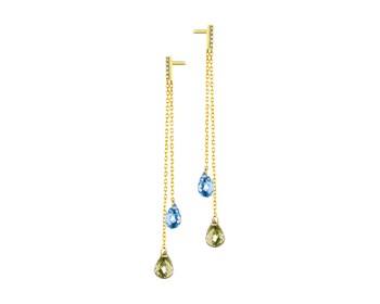 Yellow Gold Earrings with Diamond, Peridot & Topaz - fineness 9 K