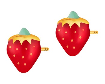 Yellow Gold & Enamel Earrings - Strawberries
