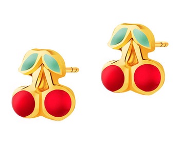 Yellow Gold & Enamel Earrings - Cherries
