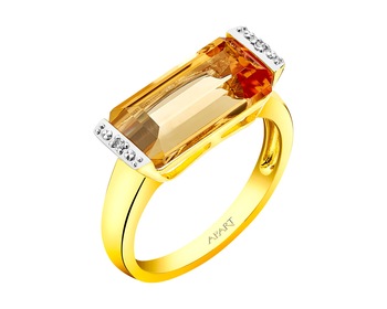 Prsten ze žlutého zlata s diamanty a citrínem - ryzost 585