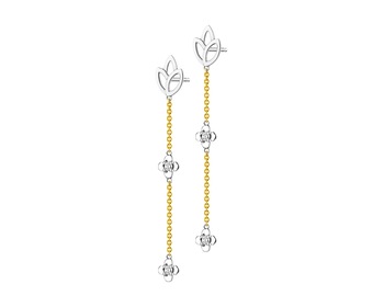 Kolczyki z żółtego i białego złota z brylantami - kwiaty lotosu 0,10 ct - próba 375