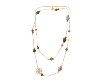 Pozlacený náhrdelník z mosazi s acháty, slunečními kameny a skleněnými detaily - rozeta