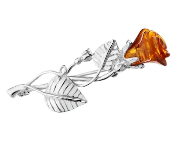 Rhodium Plated Silver Brooch with Amber