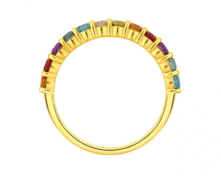 Prsten ze žlutého zlata s briliantem a drahokamy - ryzost 585
