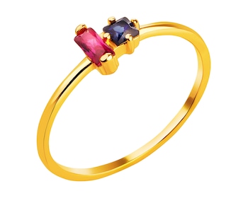 Złoty pierścionek z rubinem syntetycznym i szafirem syntetycznym