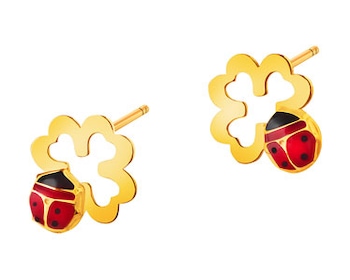 Yellow Gold Earrings with Enamel - Clover, Ladybirds