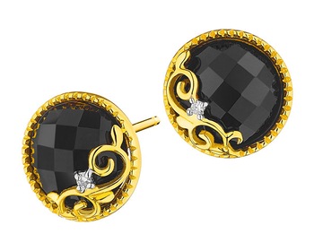 Yellow Gold Diamond Earrings with Onyx - fineness 14 K