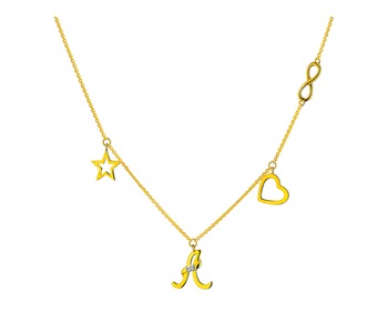 Naszyjnik z żółtego złota z diamentem - gwiazda, nieskończoność, serce, litera A 0,004 ct - próba 375