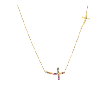 Naszyjnik z żółtego złota z diamentem i kamieniami szlachetnymi - krzyż - próba 375