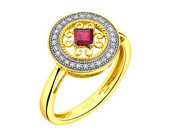 Prsten ze žlutého zlata s diamanty a rubínem - rozeta - ryzost 585
