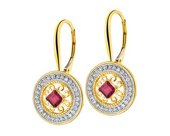 Zlaté náušnice s diamanty a rubíny - rozety - ryzost 585