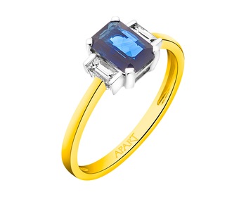 Yellow and white gold ring with diamonds and sapphire - fineness 14 K