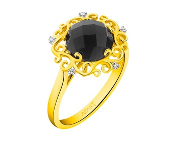 Zlatý prsten s diamanty a onyxem - rozeta - ryzost 585