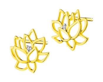 Kolczyki z żółtego złota z diamentami - kwiaty lotosu 0,008 ct - próba 375