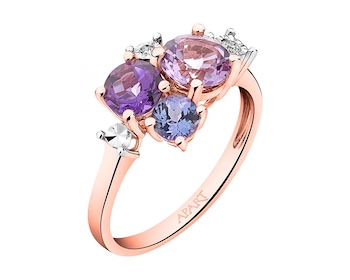 Rose gold ring with diamonds, amethysts and tanzanites - fineness 14 K