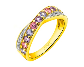 Gold ring with diamonds and precious stones - fineness 14 K