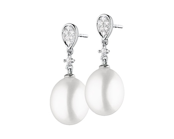 White gold earrings with brilliants and pearls - fineness 14 K
