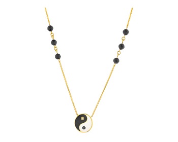 Naszyjnik z żółtego złota z diamentami, emalią i agatami - yin yang - próba 375