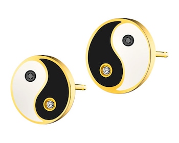 Kolczyki z żółtego złota z diamentami i emalią - yin yang - próba 375