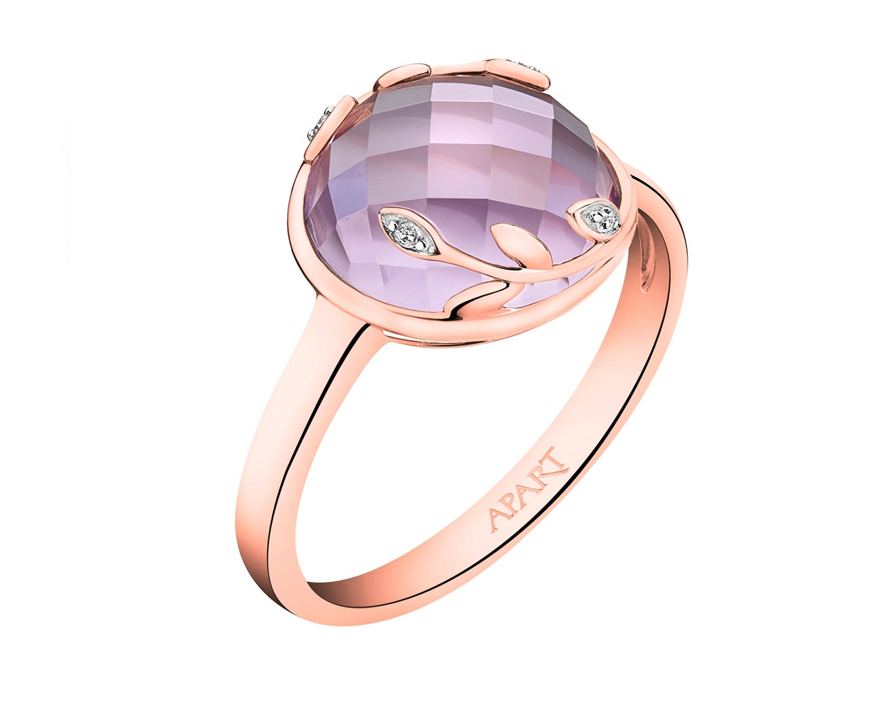 Rose gold ring with diamonds and amethyst - leaves - fineness 14 K - Ref No  220.334 / Apart