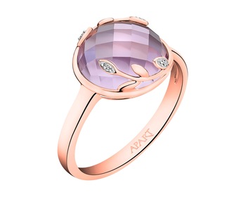 Rose gold ring with diamonds and amethyst - leaves - fineness 14 K