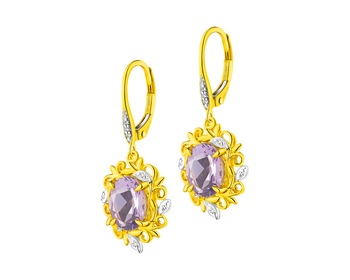 Gold earrings with diamonds and amethysts - leaves - fineness 14 K