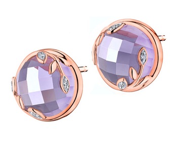 Rose gold earrings with diamonds and amethysts - leaves - fineness 14 K