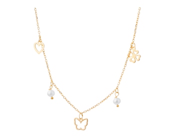 Pozlacený stříbrný náhrdelník s perlami - srdce, motýl, čtyřlístek