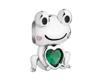 Silver beads pendant with zircon and enamel - frog, heart