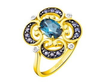 Gold ring with diamonds, sapphires and topaz (London Blue) - fineness 14 K