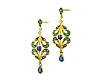 Zlaté náušnice s diamanty, safíry a smaragdy - ryzost 585