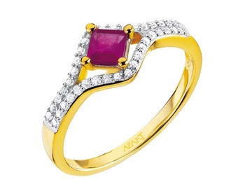 Yellow gold ring with diamonds and ruby - fineness 14 K