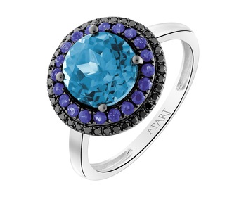 Prsten z bílého zlata s diamanty, safíry a topazem (London Blue) - ryzost 585