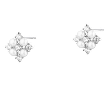 Kolczyki srebrne z perłami i cyrkoniami - kwadrat, rozeta