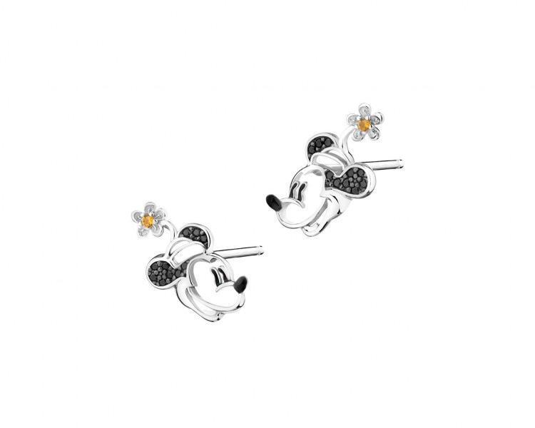 Stříbrné náušnice se spinelem, zirkony a smaltem - Minnie Mouse, Disney 100 limitovaná edice