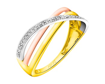 14 K Yellow, Rose & Rhodium Plated White Gold Ring with Diamonds 0,08 ct - fineness 14 K