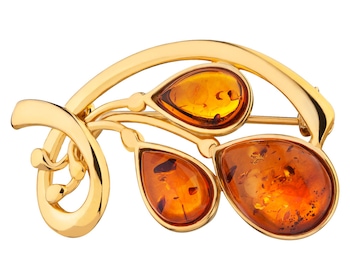Gold-Plated Silver Brooch with Amber