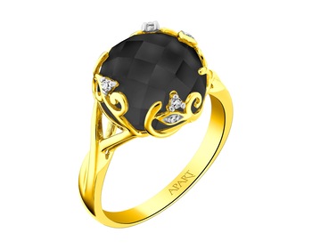 Zlatý prsten s diamanty a onyxem - listy - ryzost 585