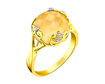 Zlatý prsten s diamanty a citrínem - listy - ryzost 585