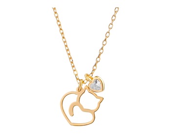 Pozlacený stříbrný náhrdelník se zirkonem - kočka, srdce