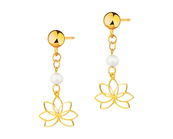 Złote kolczyki z perłami - kwiaty lotosu