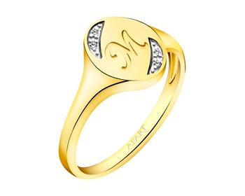 9 K Rhodium-Plated Yellow Gold Signet Ring with Diamonds 0,01 ct - fineness 9 K