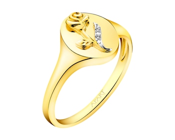 Pierścionek z żółtego złota z diamentami - sygnet  - róża 0,006 ct - próba 585