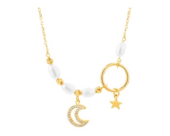 Naszyjnik srebrny z perłami i cyrkoniami - Księżyc, gwiazda